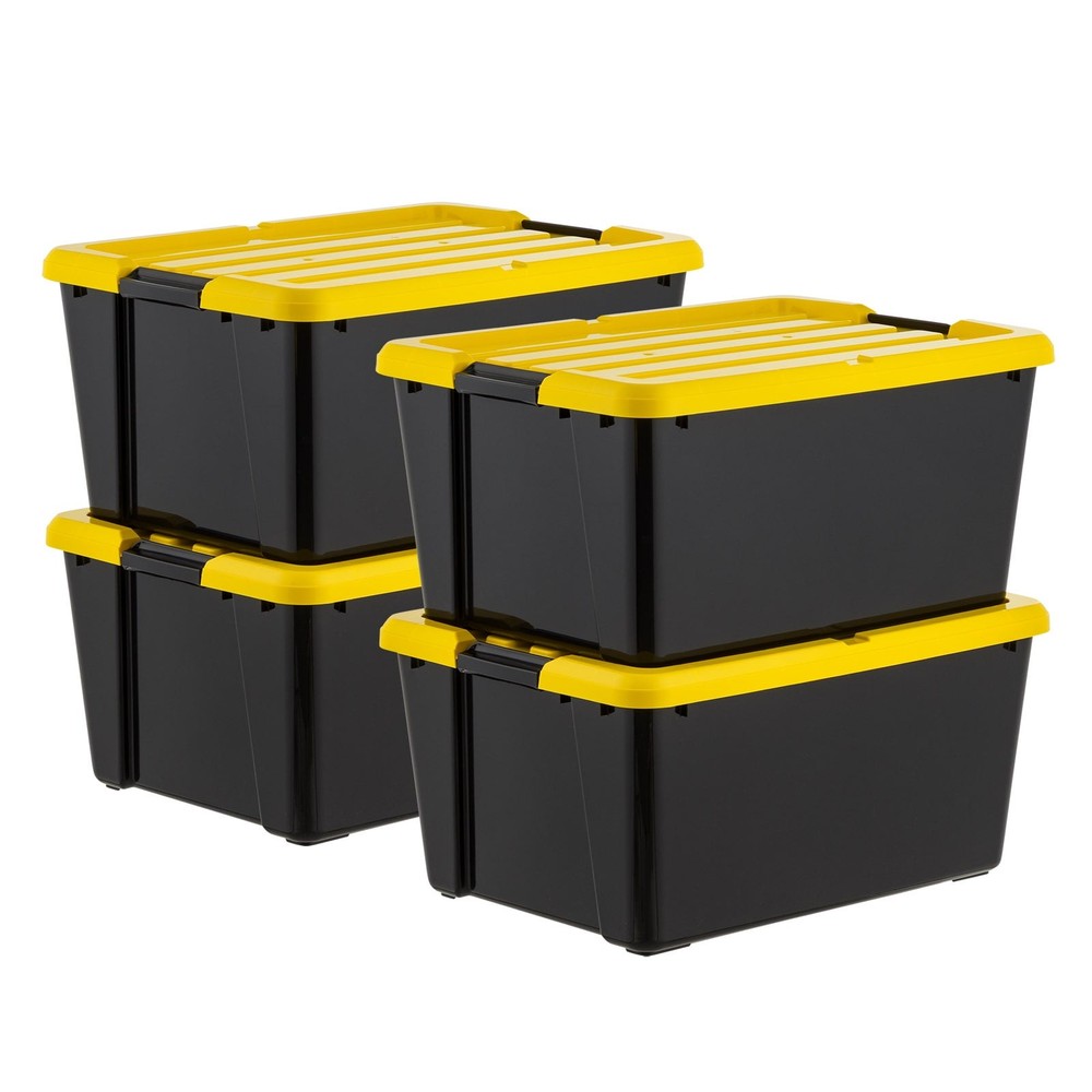 45 Qt Black Plastic Stackable Storage Bin with Lid Tote,  4-Pack