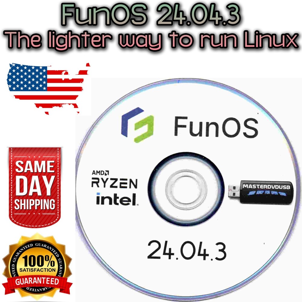FUN OS 24.04.3 Bootable Live/Installer DVD - Light Linux 64‑Bit OS - SAME DAY