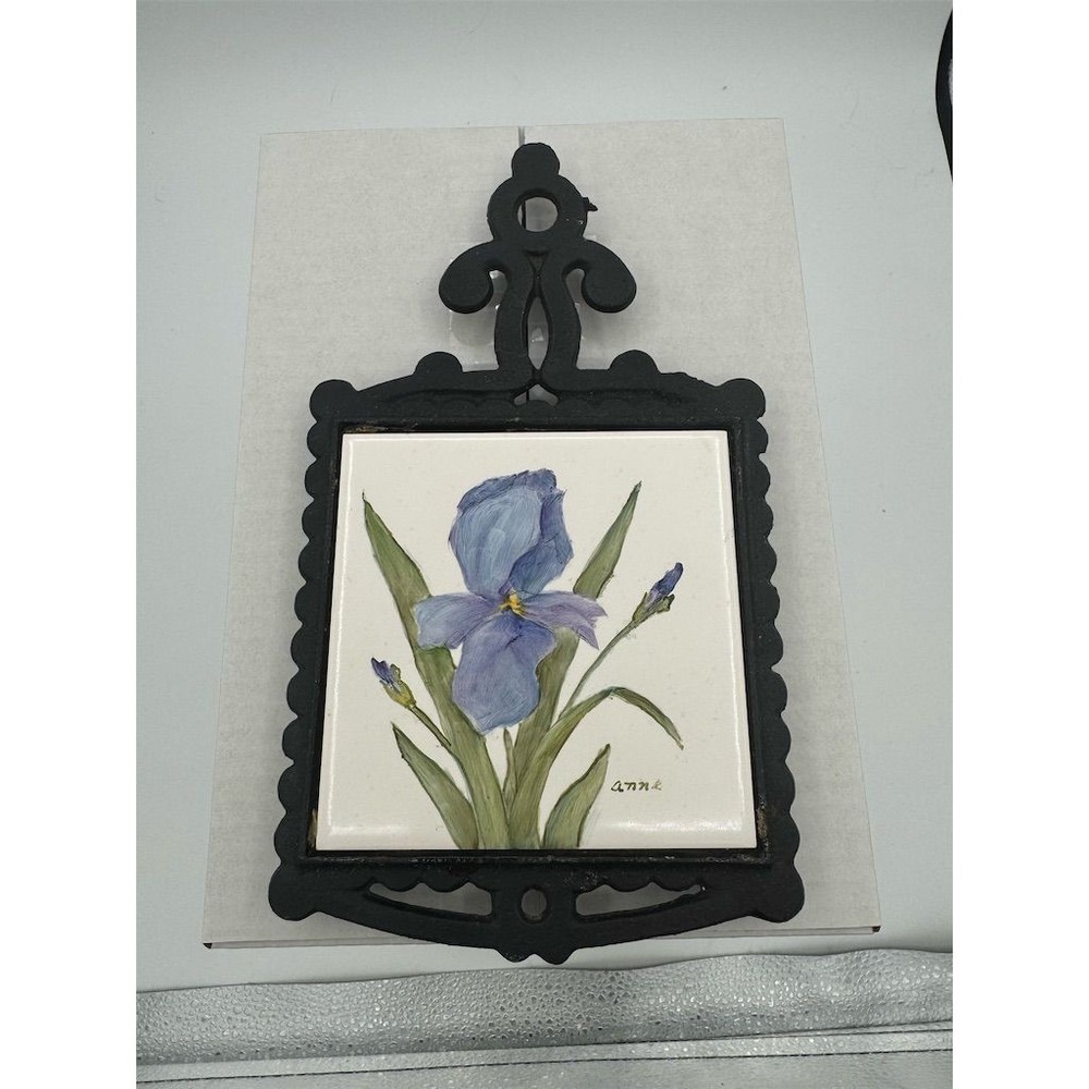 Vintage Hand-Painted Ceramic Trivet Blue Iris Design Kitchen Decor KS