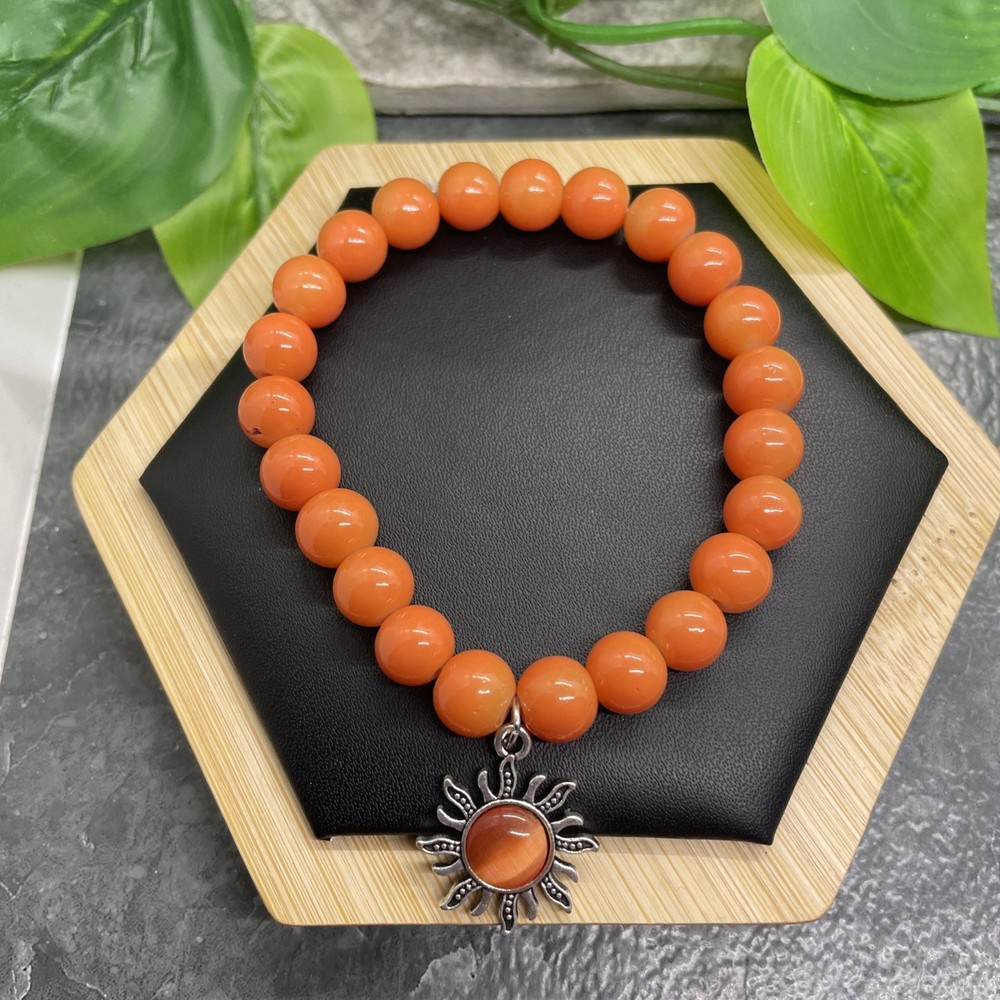 Handmade Stone Bead Stackable 6” Plus Stretch Bracelet Sunburst Charm B8117