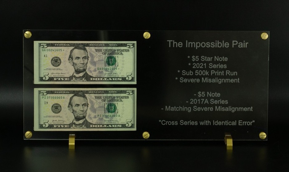 RARE $5 Error Pair – 2017A + 2021 * Low Run Star Note – Matching Misaligned