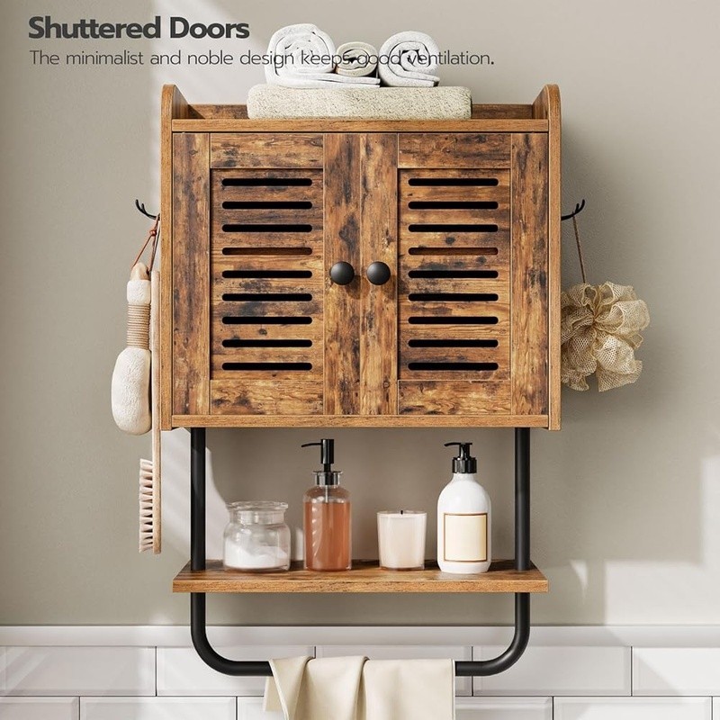 Wall Mounted Bathroom Cabinet W/ Shutter Doors Adjustable Shelf & Hooks New