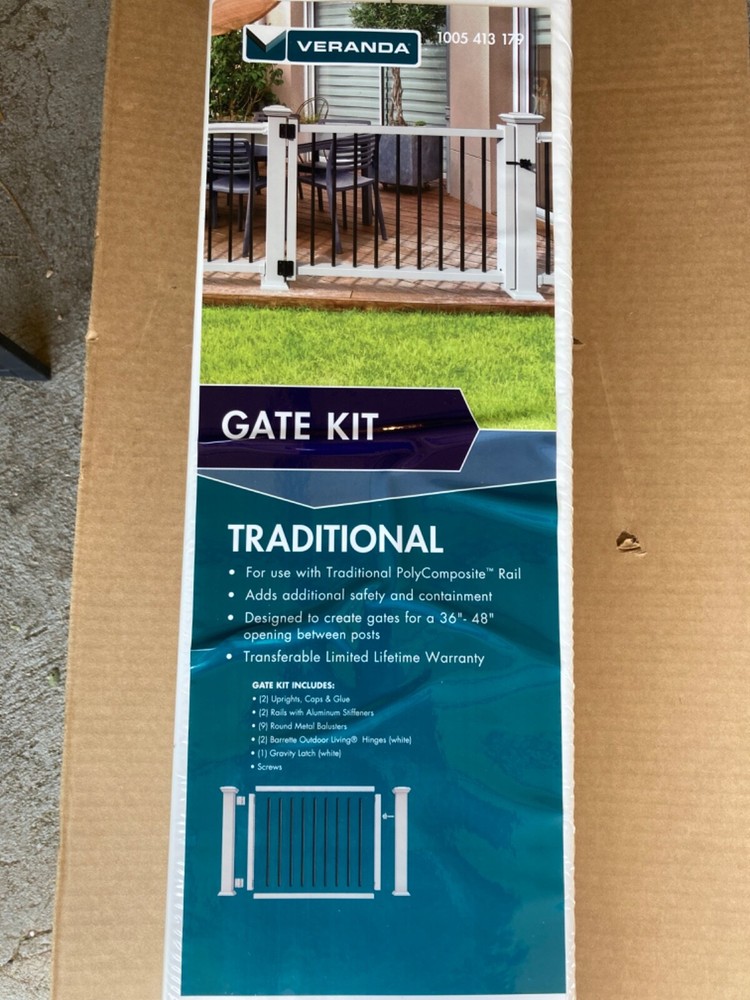 New white with black spindled Veranda gate post.