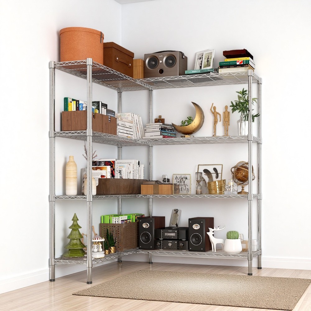 4-Tier Wire Shelving Unit 2-Column - Heavy Duty, Adjustable, Modular & Silver