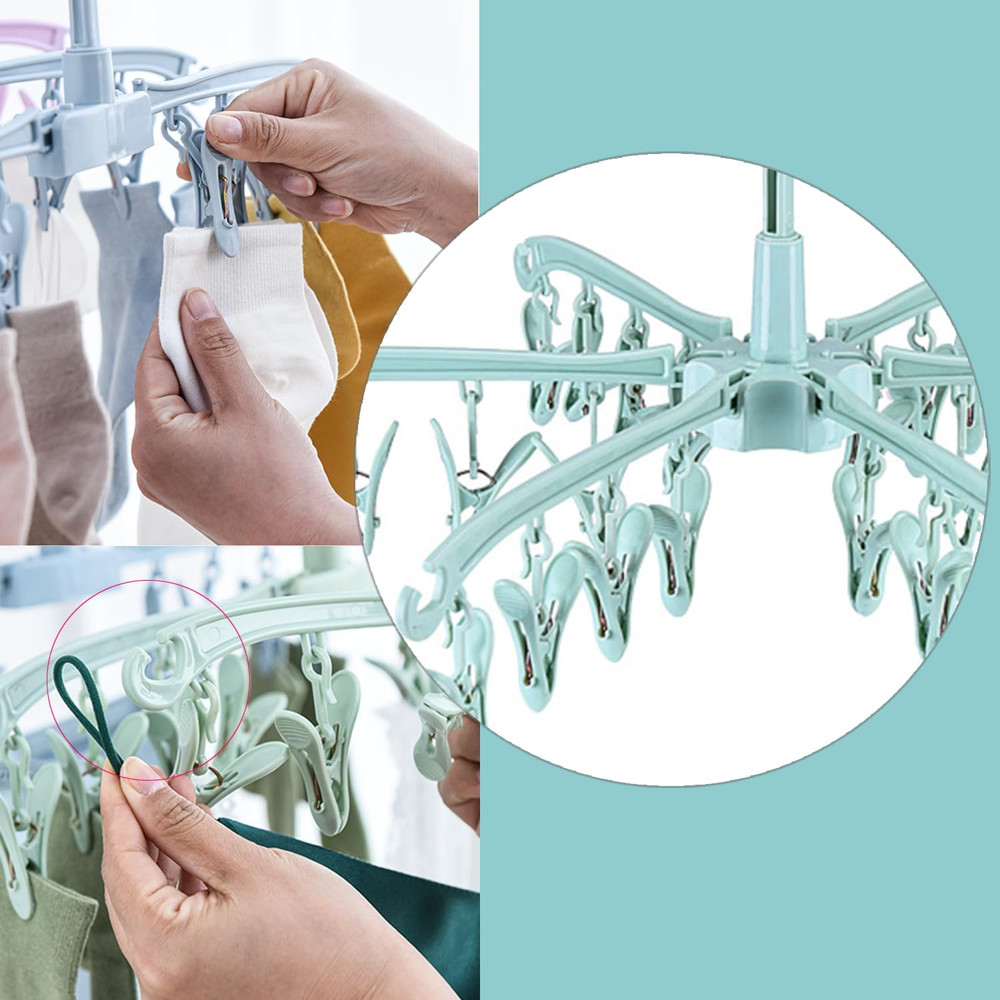 Rotating Clothes Drying Rack with 24 Clips Foldable Sock Hanger for Laundry