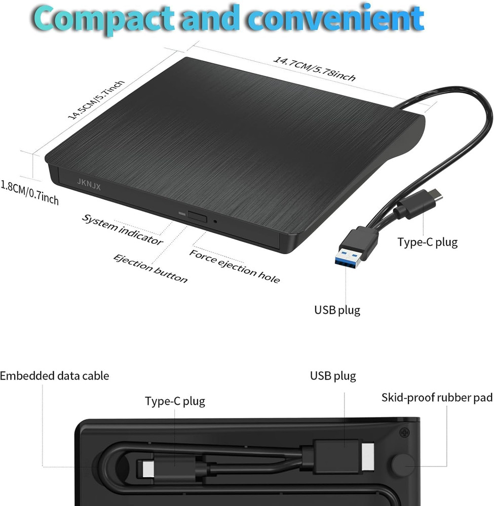 External CD DVD Drive,Usb 3.0 and Type-C CD DVD Disc Reader Writer Burner Player
