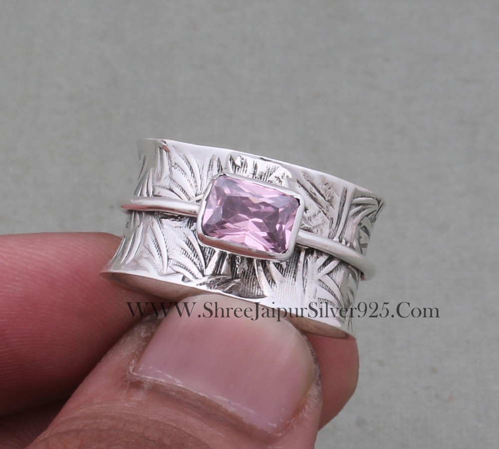 Pink Zircon Spinner Ring - 925 Sterling Solid Silver Spinner Ring-Silver Jewelry
