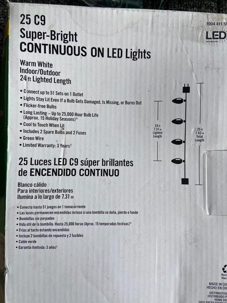 25 Ct Led C9 Cool White Light. Total Length 24 ft