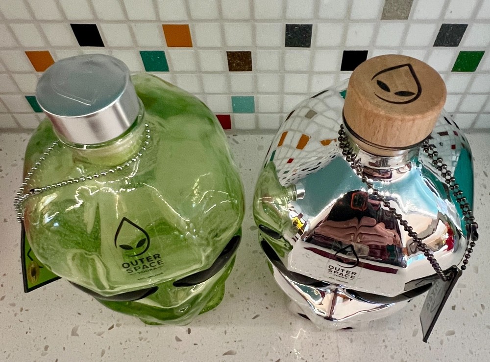 SET: GREEN & CHROME OUTER SPACE VODKA – ALIEN HEAD DECANTER BOTTLES