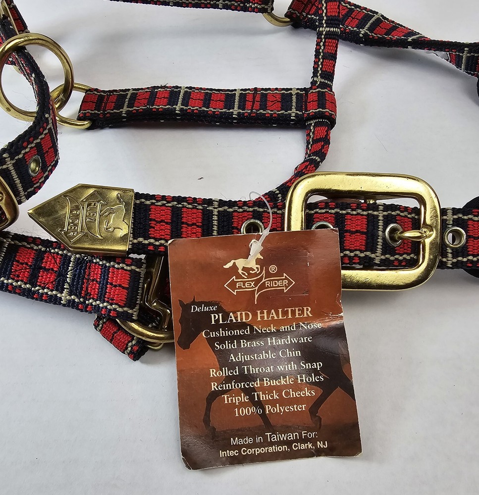 Flex Rider navy/red plaid nylon padded halter w/ solid brass hardware for horse