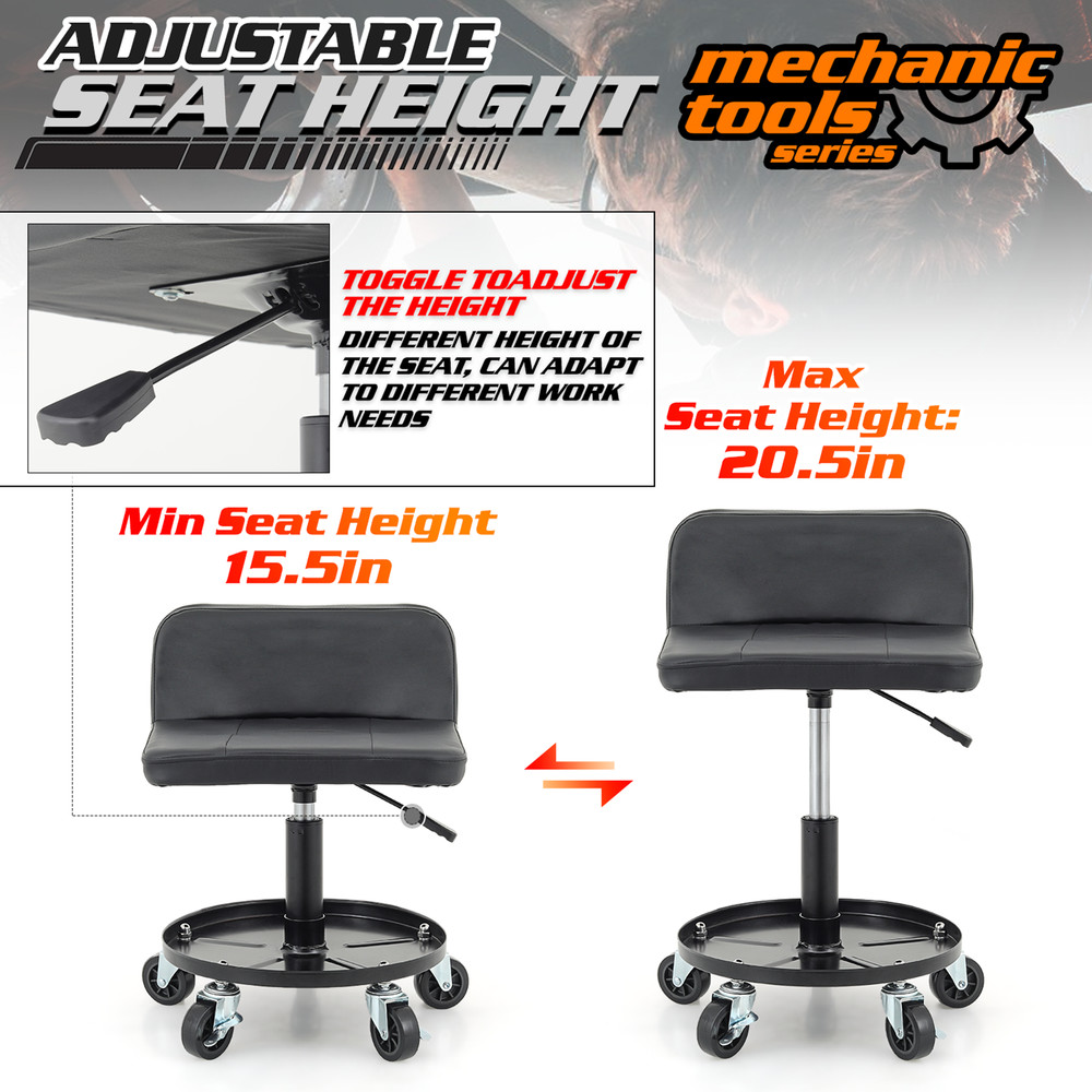 Rolling Work Stool [ADJUSTABLE HEIGHT+TOOL TRAY] Garage Car Repair Creeper Seat