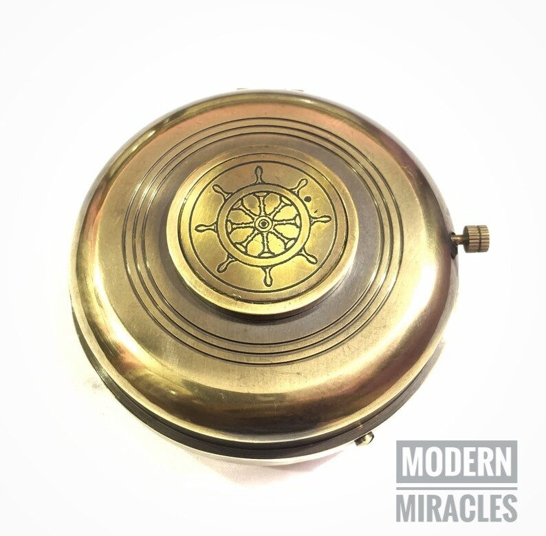 Nautical Brass Pocket Compass with Analog Clock 3" Home & Office Table Decor