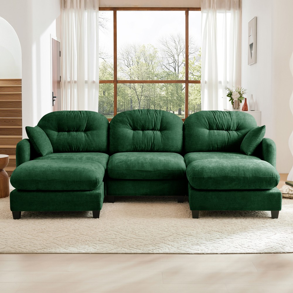 U-Shaped Modular Sectional Sofa w/ Ottoman & Pillows, Chenille Fabric, Green