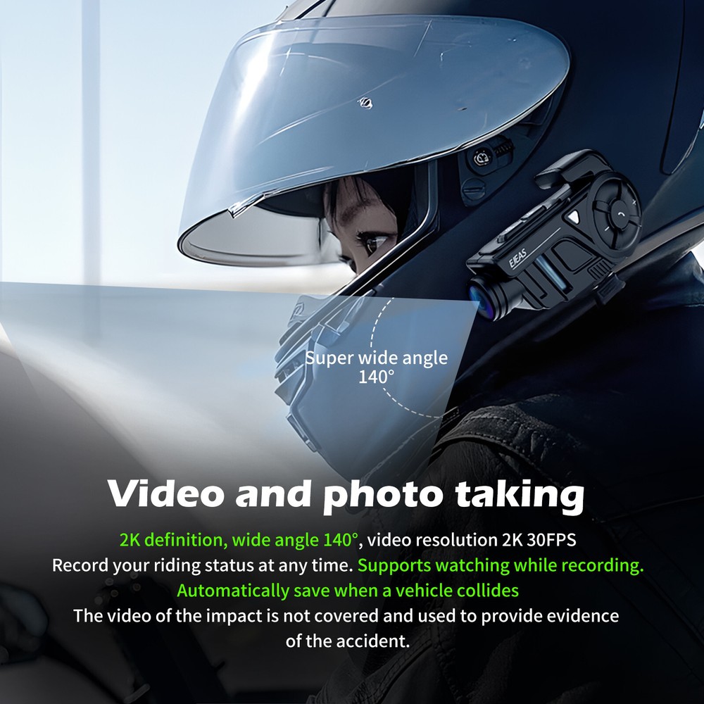 Auto Reconnect Motorcycle Bluetooth Intercom Headset Camera Recorder Waterproof
