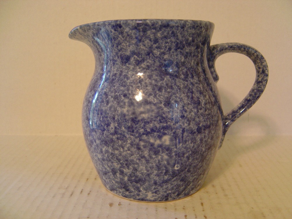 VINTAGE BLUE SPONGEWARE STONEWARE PITCHER 6" HIGH
