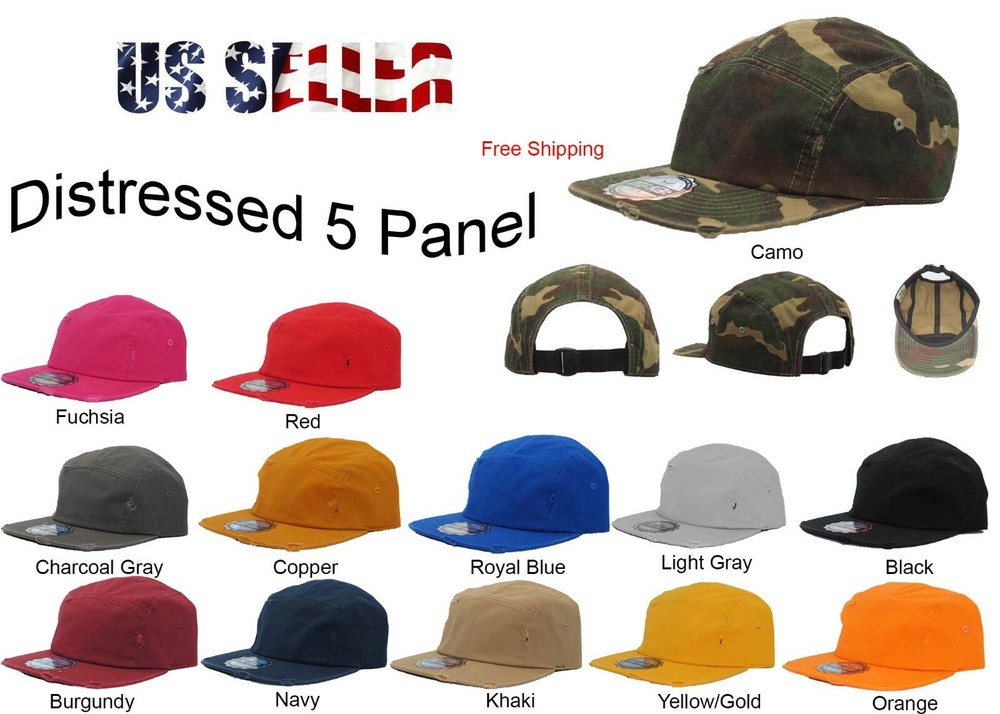 Distressed 5 Panel Solid Camo Strap-back Adjustable Leather Strap Cap Hat
