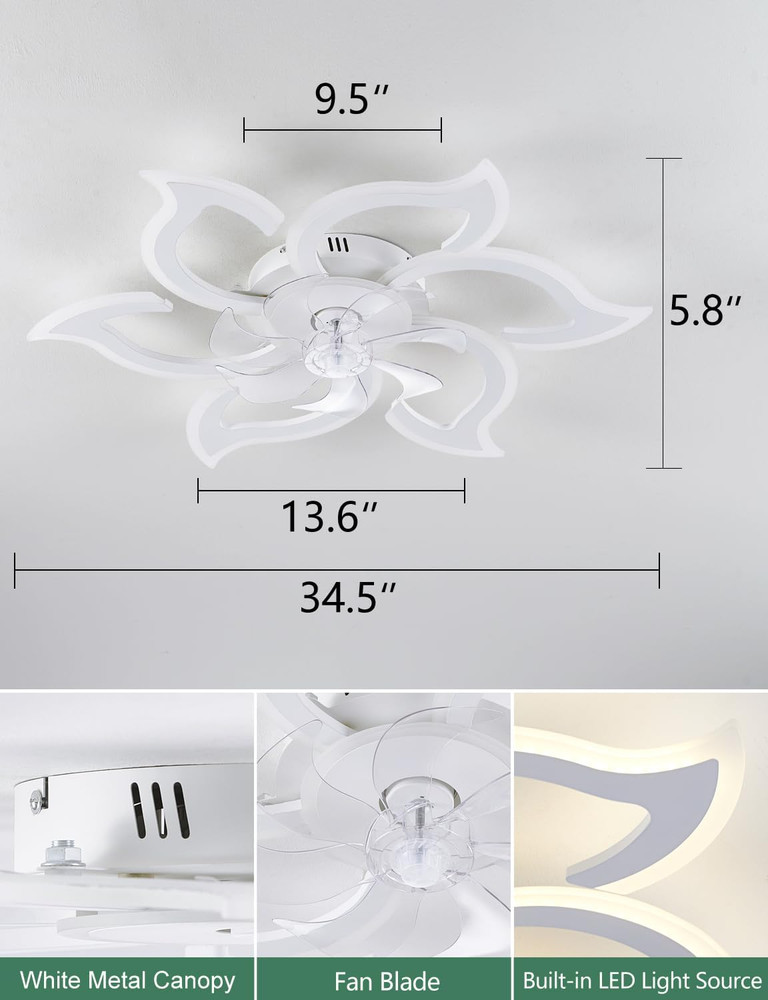 Modern Flower Ceiling Fan with Remote & Dimmable LED Light - 33.5 Inch