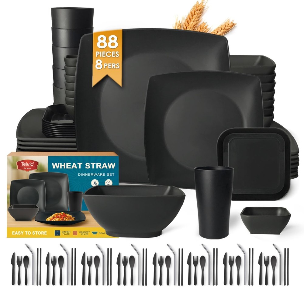 88-piece With Flatware Plastic Kitchen Wheat Straw Square Dinnerware Set for ...