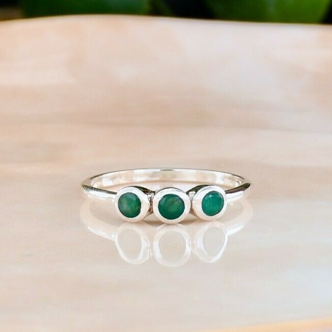 Ring Silver 925 Emerald Stackable Sterling Solid Gemstone Genuine Band Jewelry