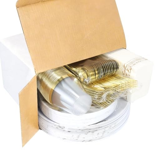 175pcs Gold Plastic Dinnerware Set – Elegant Disposable Plates, Cups, Utensils
