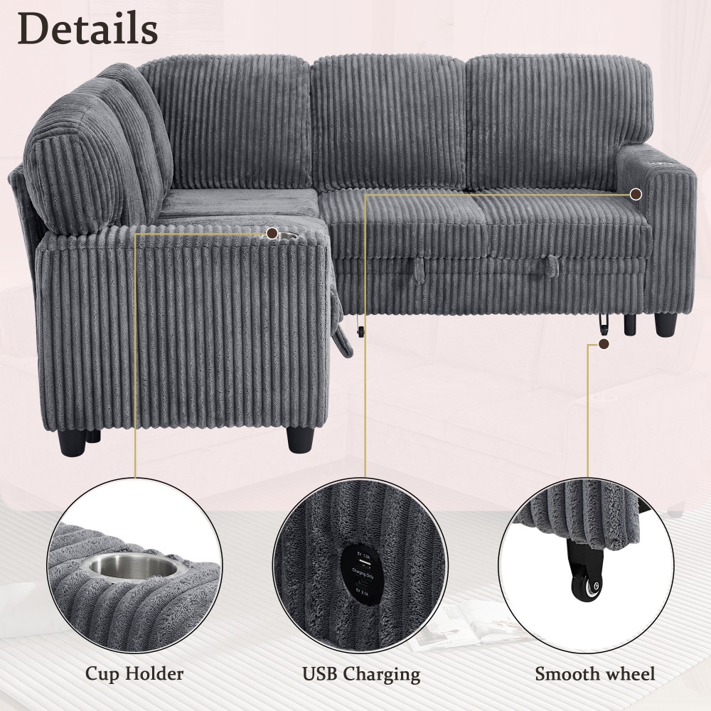5-Seat L-Shaped Sectional Sofa Bed w/ Pull-Out Bed & USB Charging, Grey