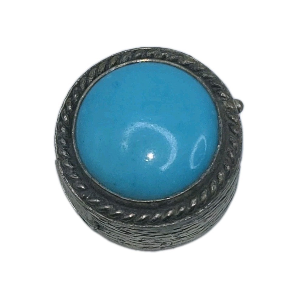 Antique Genuine Turqoise Cabochon Solid 800 Silver Hinged Pill/Snuff Box 1-1/4"D