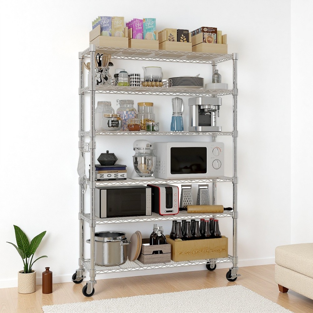6-Tier Rolling Wire Shelving Unit - Heavy Duty, Adjustable, Silver & Hooks
