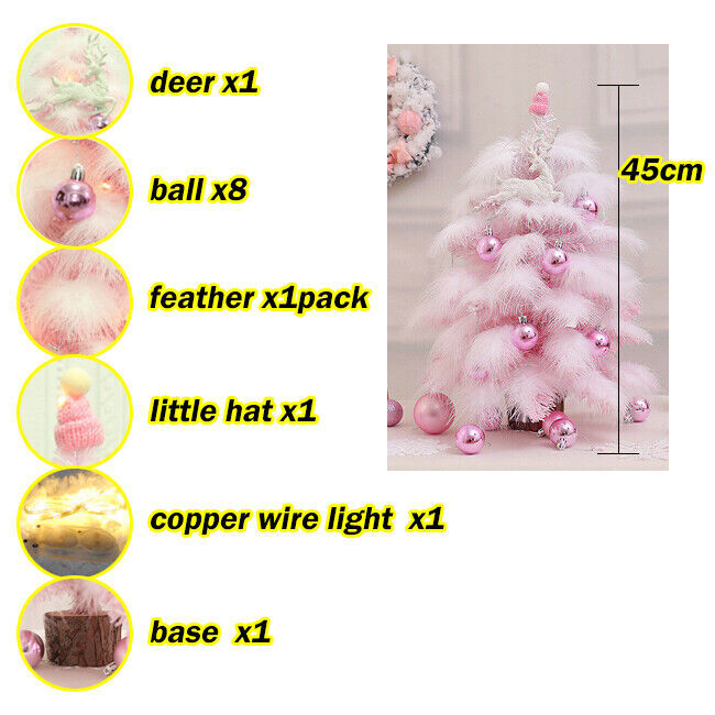 Mini Christmas Tree Tabletop Artificial Tree with Feather Leaf LED String Lights