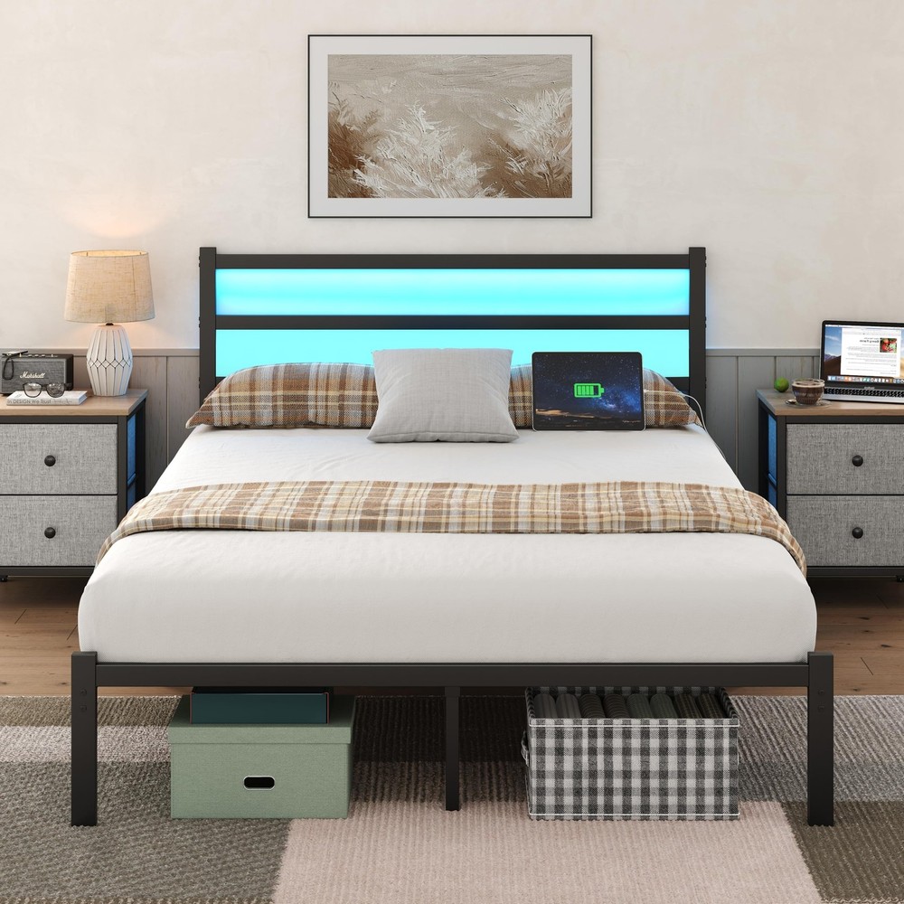 Full Bed Frame with Smart LED Lights, Storage Headboard and USB Charging Stat...