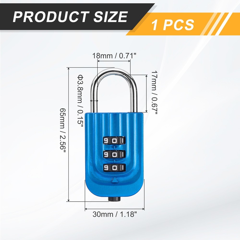 Resettable 3 Digit Combination Lock Code Padlock, Blue (65 x 30mm)