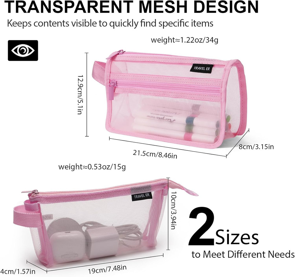2-Pack Grid Mesh Pencil Case with Handle and Zipper, Double Layer Clear Pencil P