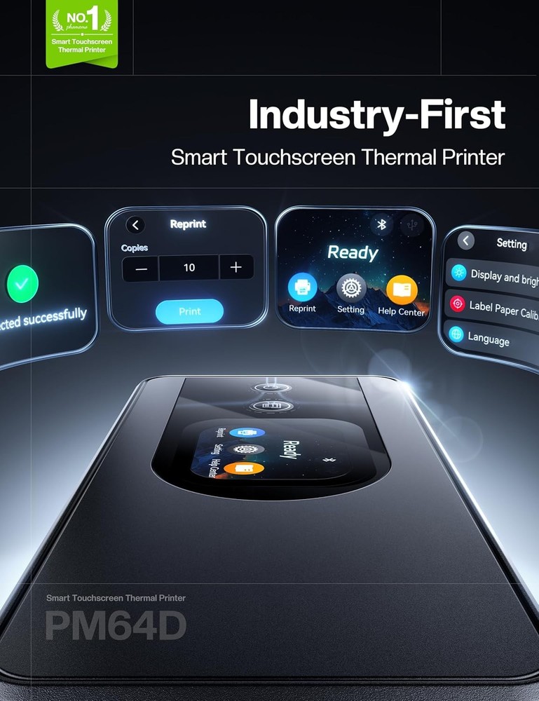 Phomemo PM64D Touchscreen Thermal Label Printer Bluetooth+USB NEW with Holder