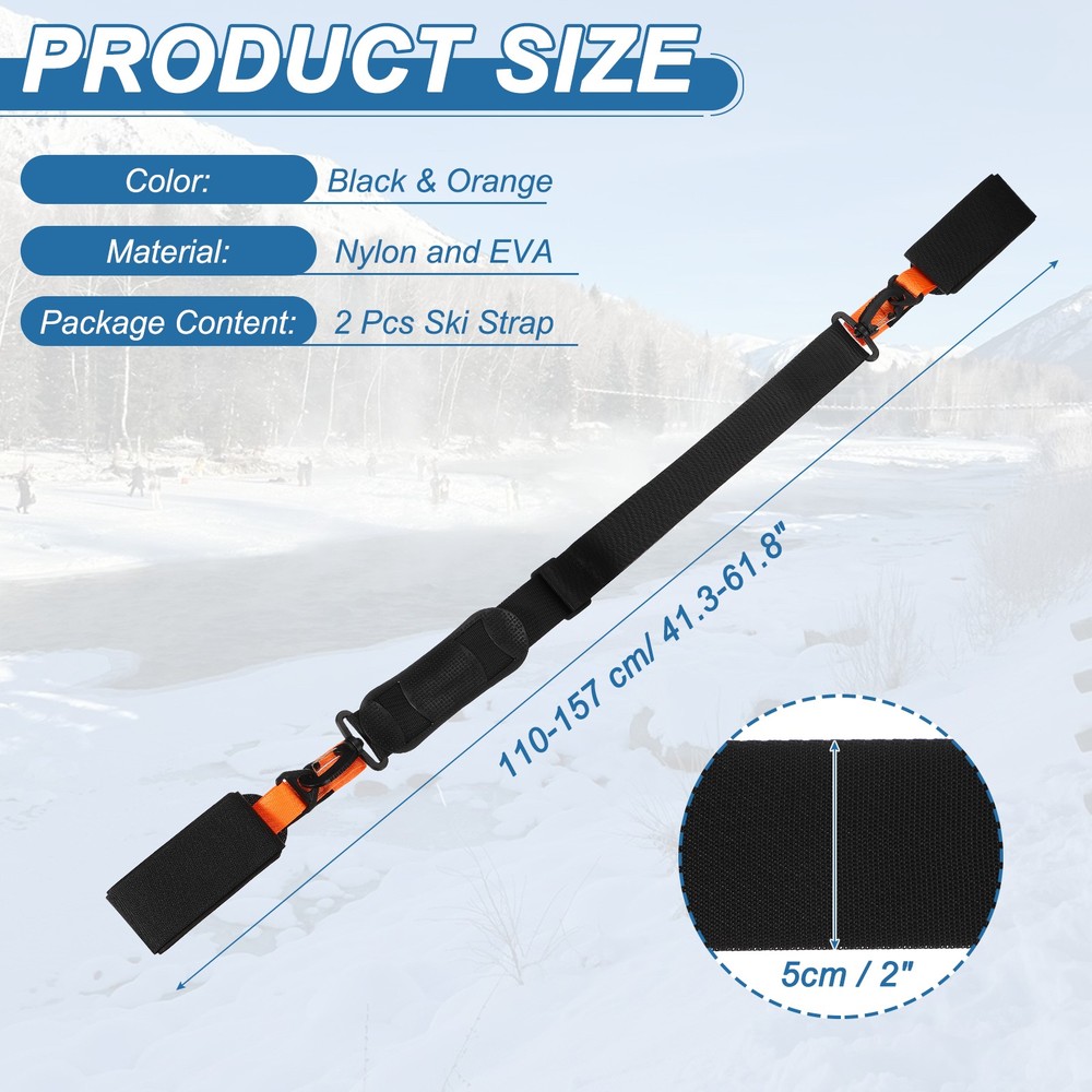 Ski Strap, Adjustable Ski Carrier Shoulder Straps,2Pcs& Black & Orange & 61.8"