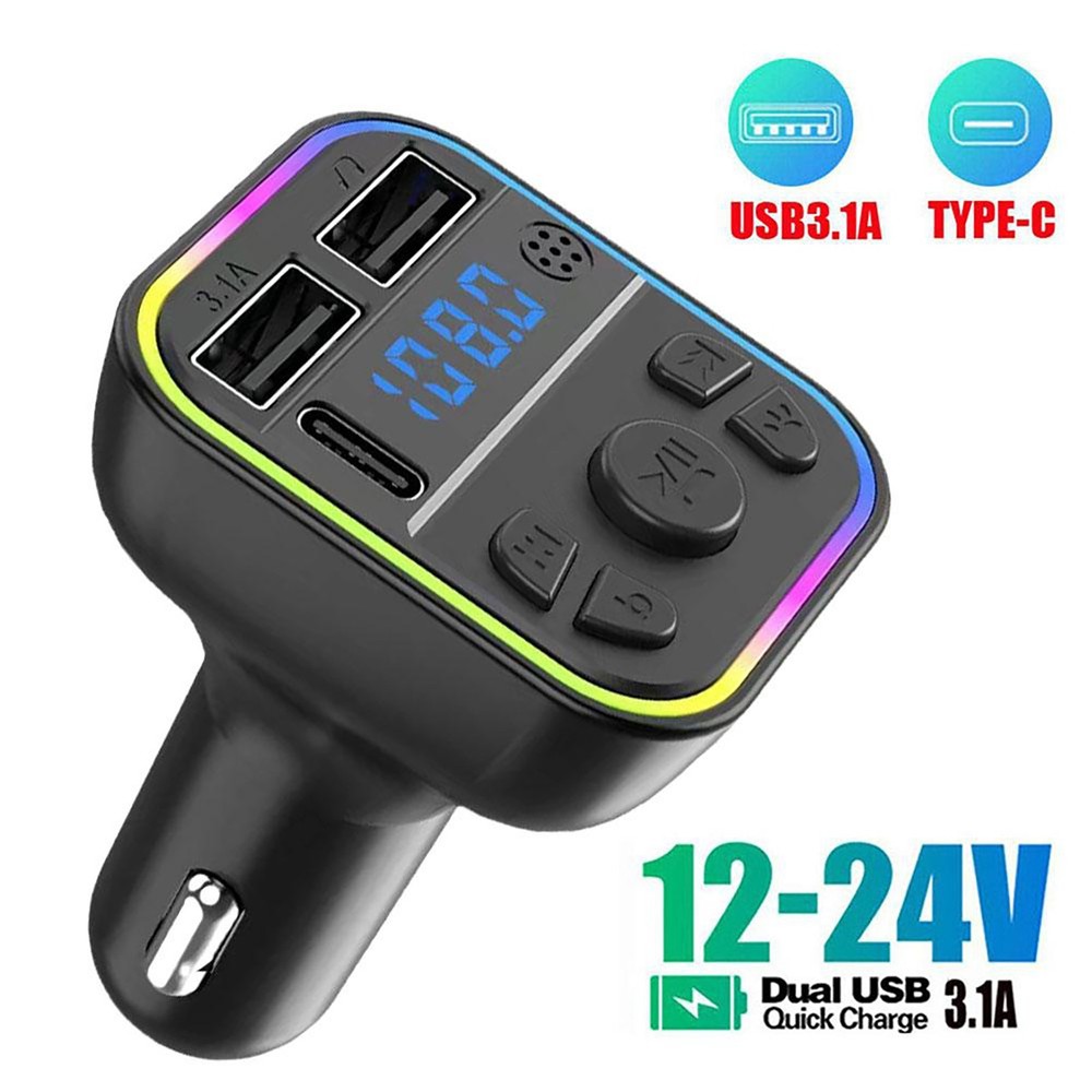 Car FM Transmitter Adapter Bluetooth 5.0 Type-C Dual USB Fast Charger Adapter