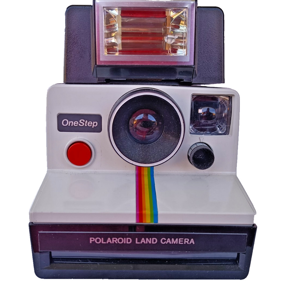 Vintage Polaroid OneStep White Rainbow Stripe Camera + ITT MAGICFLASH
