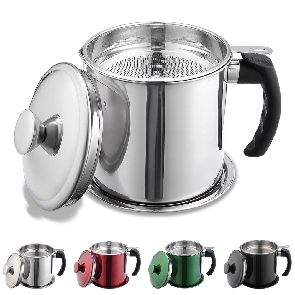 Kyraton Bacon Grease Container With Strainer, 48 oz 1. Silver, Silver