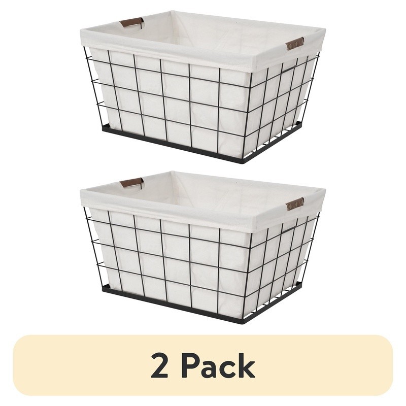 Rectangular Steel Wire Laundry Basket W/ Removable Cotton Liner Easy Transport