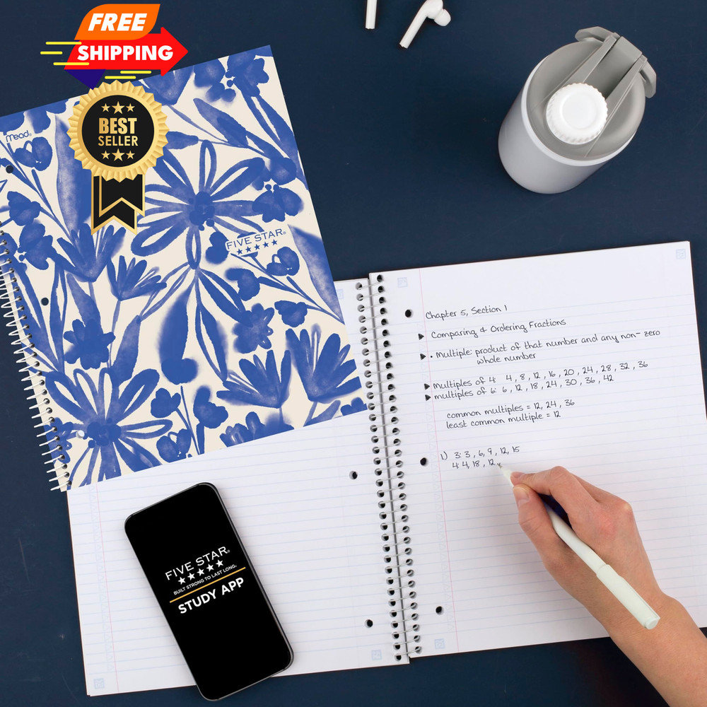 Five Star Spiral Notebook + Study App, 1 Subject, 1 Pack, Soft Petals Blue