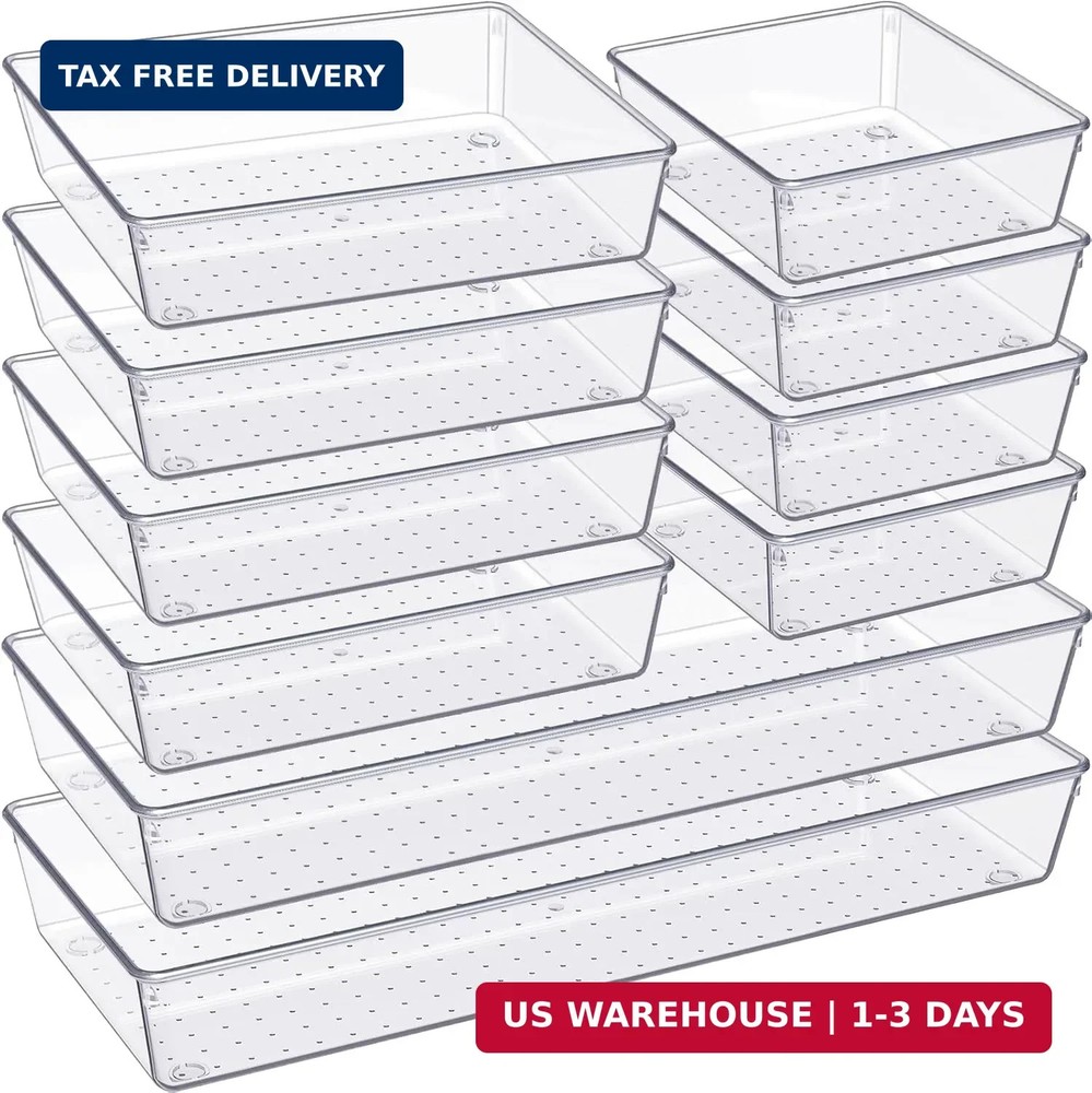 Criusia Drawer Organizer, 10 Pack Large Clear Plastic Set, 3 Size Versatile Bath