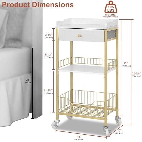 Small Tall Side Table with Storage Basket, High End Table with Gold With White