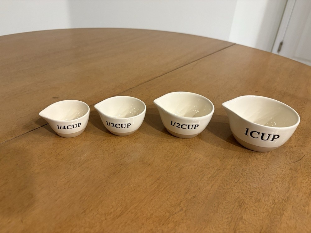 Ceramic Measuring Cup Set White & Beige Nesting 4pc w/ Pour Spouts