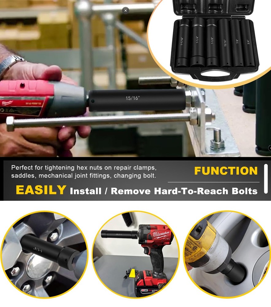 1/2 Inch Drive Extended Length Impact Socket Set - 6 Piece Extra Deep Impact ...