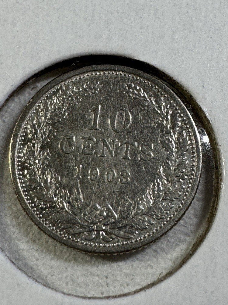 1903 Netherlands 10 Cents Small Silver Coin Cleaned