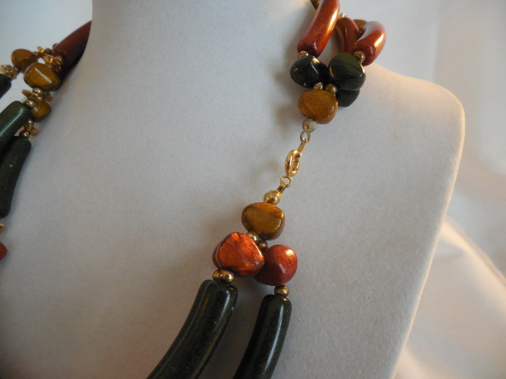 Earth tones three strand plastic beaded necklace 18"