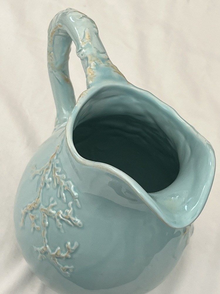 Blue Sky Clayworks Seashell Pitcher Distressed Blue Ceramic 8" Tall 2007