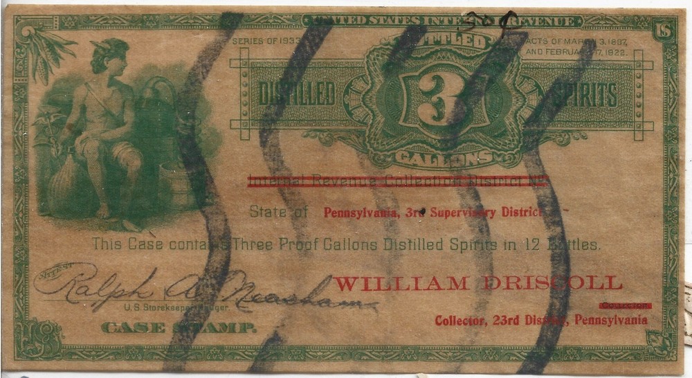 1933 DISTILLED SPIRITS,  PENNSYLVANIA, 12 BOTTLES