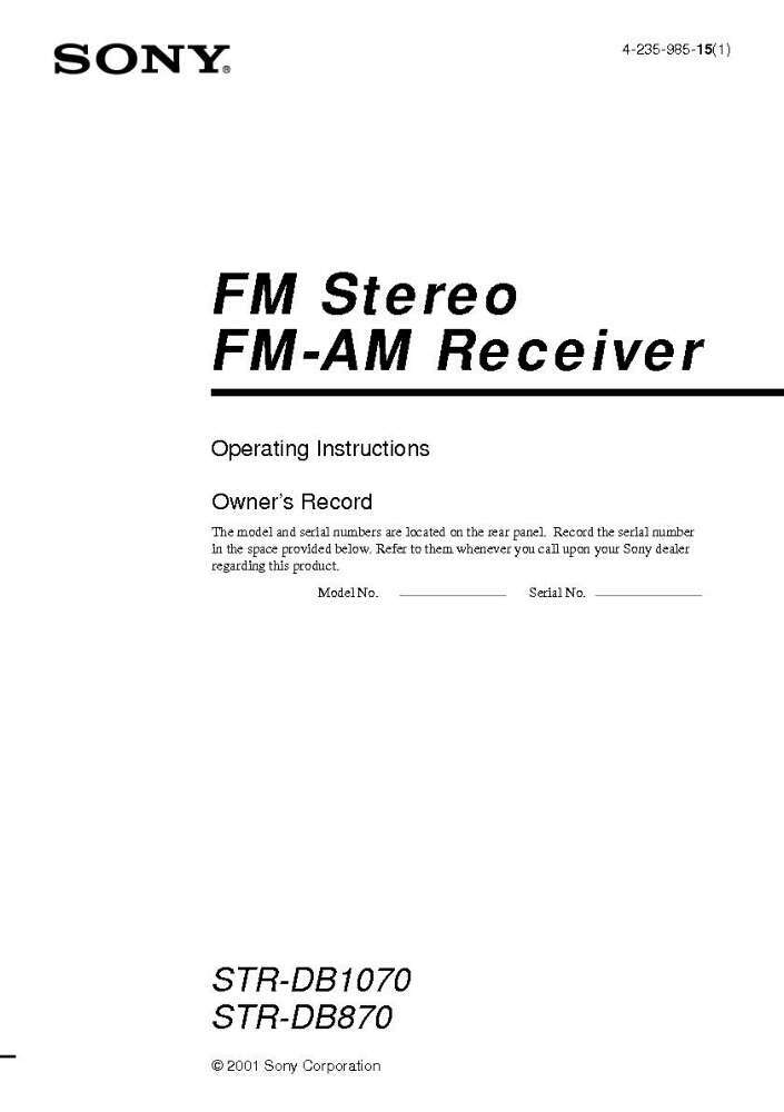 Sony STR-DB870 Amplifier / Receiver Owners Instruction Manual