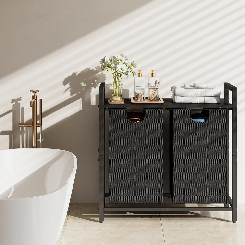 Laundry Basket Organizer Laundry Hamper with Shelf & 2 Pull-Out Removable Bags