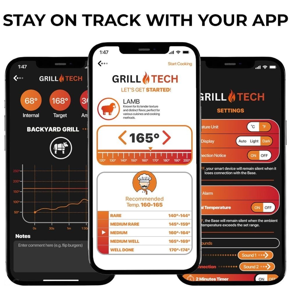 Grill Tech Bluetooth Meat Thermometer – Wireless, USB-C, Smart App