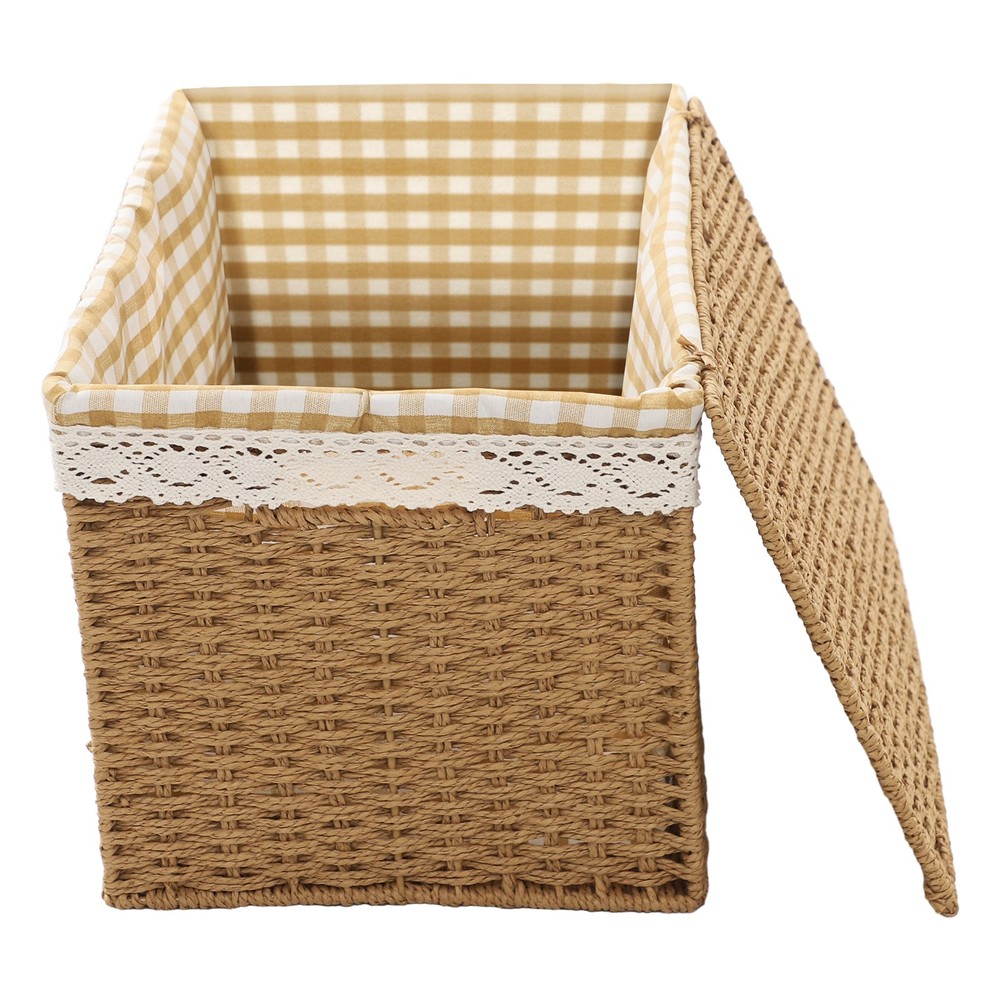 4 Pieces Light Brown Rustic Rectangular Woven Baskets With Handles Lace Lid